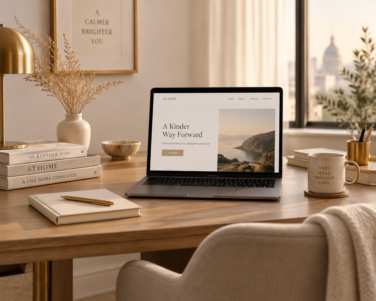 A calm, organized desk with a laptop showing a clean website