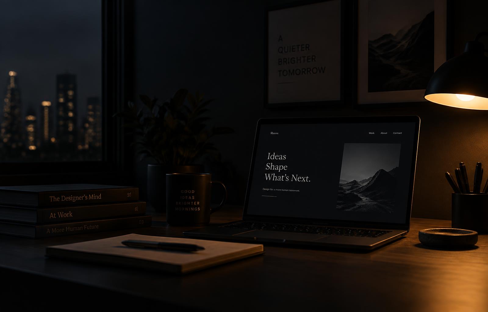 A dark workspace at night with a glowing laptop