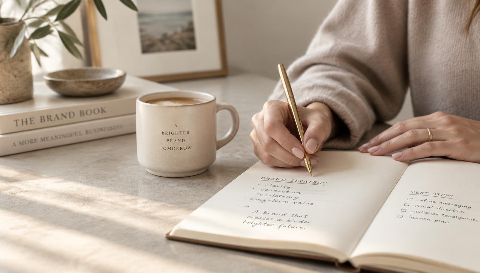 Hands writing brand strategy notes in a notebook