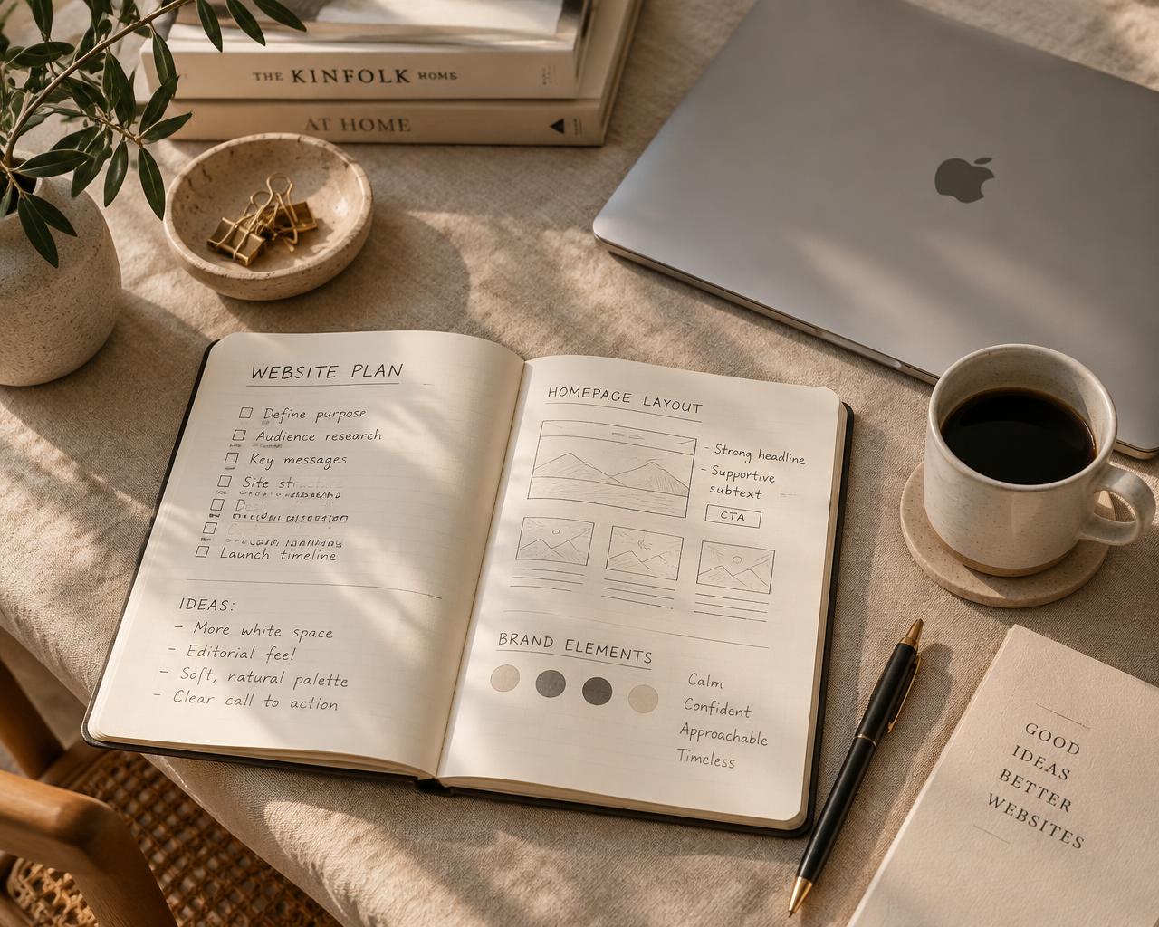 A notebook of website plans, a laptop and coffee on a warm desk